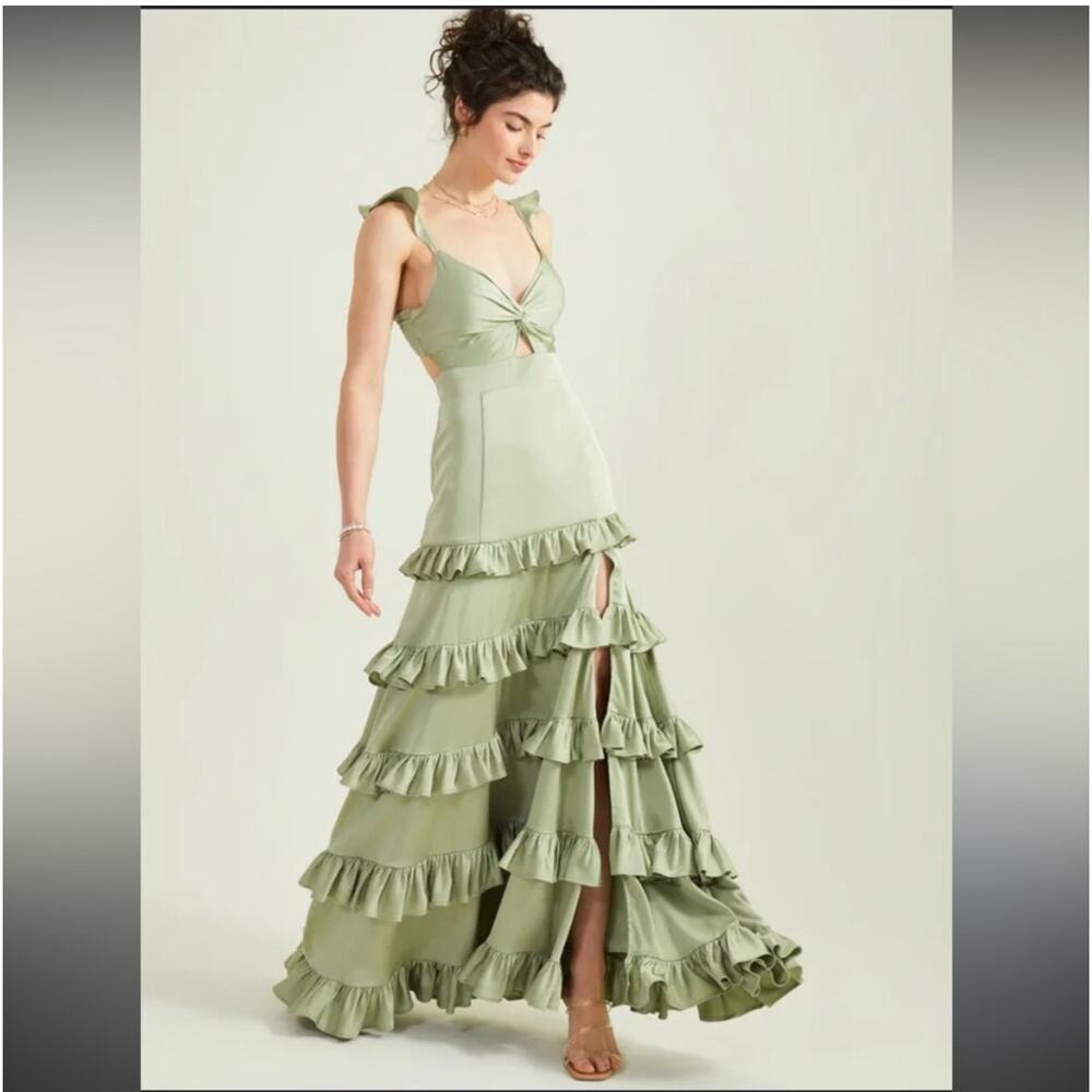Altar'd State Alana Marie Basil Green Tiered Ruffle Maxi Bridesmaid Dress Size L